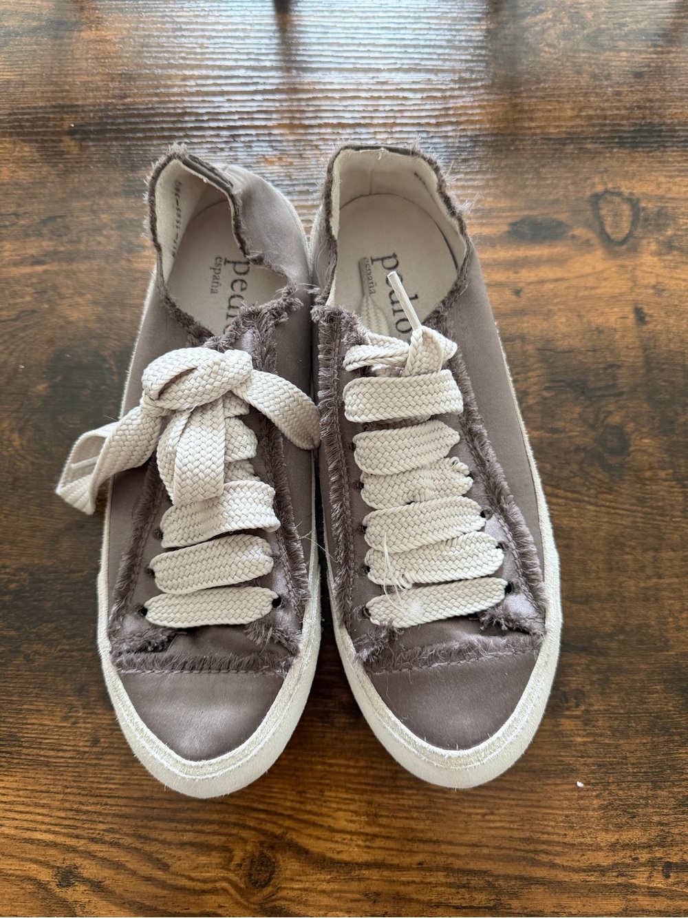 Pedro Garcia Taupe Canvas Frayed Low-Top Sneakers with Cream Laces